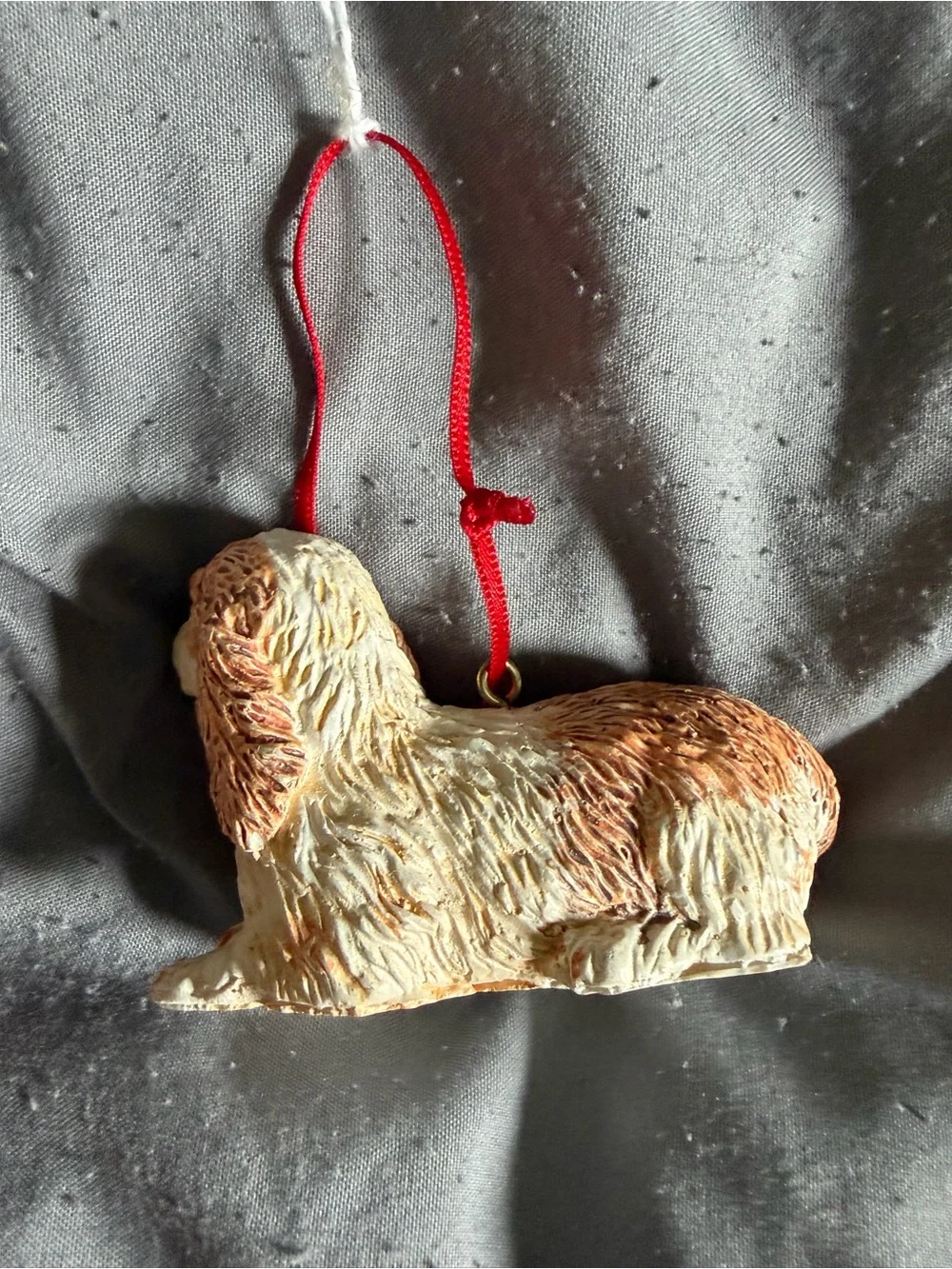 Hand-Painted Dog Ornament in Cream & Brown with Red Ribbon